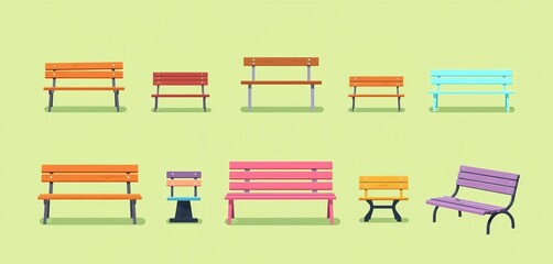 Collection of simple, flat-style icons depicting various park benches, differing in design and material,  public,  clipart