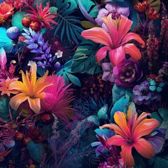 A vibrant nocturnal tropical garden background with lush pink, orange, and blue flowers © Masud