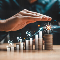 Financial Growth and Investment Protection Concept &mdash; Hands Sheltering Stacked Coins with Rising Bar Graph, Percentage Symbols and Target, Savings, ROI and Risk Management Illustration