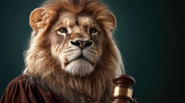 Lion in judge robe with gavel symbolizing justice and power