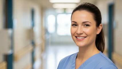 Portrait of a smiling female healthcare professional in a hospital corridor