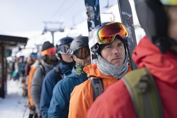 A long line of skiers dressed in winter gear and helmets wait patiently for a ski lift at a busy resort, with skis in hand and snowy mountains in the background