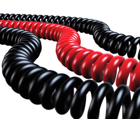 Tres cables enrollados,dos negros y uno rojo,sobre fondo negro brillante con contraste v&iacute;vido.tensi&oacute;n y precisi&oacute;n, simbolizando energ&iacute;a, contraste y ritmo industrial en forma visual.