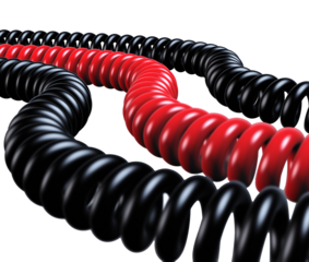 Tres cables enrollados,dos negros y uno rojo,sobre fondo negro brillante con contraste vívido.tensión y precisión, simbolizando energía, contraste y ritmo industrial en forma visual.