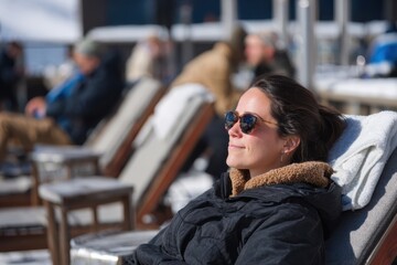 A woman in a black jacket and sunglasses reclines on a lounge chair at a sunny ski resort terrace, surrounded by people enjoying the bright winter weather in a relaxed setting