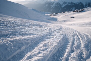 Wide angle view of a luxury ski resort slope with perfectly groomed snow and soft early morning light, surrounded by alpine terrain and mountain cabins in the distance