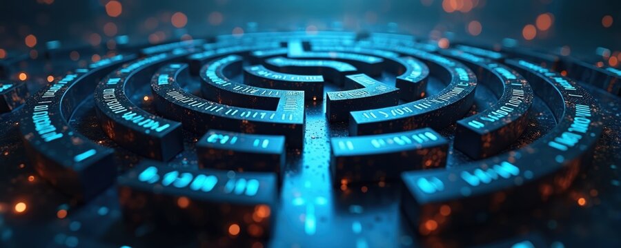 Abstract digital maze with glowing blue circuit patterns and binary code. Futuristic fintech concept representing complex crypto financial challenges and opportunities in virtual space. - Powered by Adobe