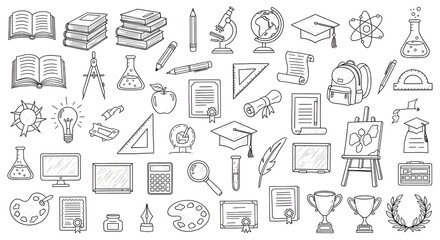 A detailed collection of hand drawn school and academic study related objects and symbols
