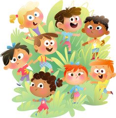 Colorful diverse multiracial group of children playing in nature among trees and on grass. Happy little smiling kids, festive party in forest nature. Vector children characters illustration