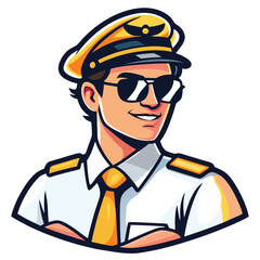 Smiling pilot with sunglasses and uniform stands confidently with crossed arms looking sideways