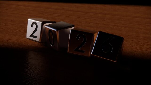 silver cube font 2026 on wood background with daylight animation
