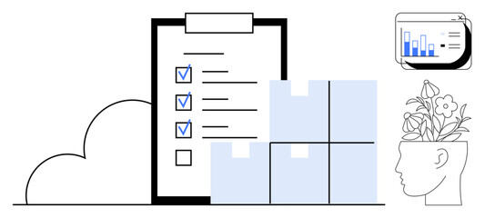 Checklist with marked tasks, stacked boxes, cloud element, bar chart analytics, and head with flowers symbolizing organization, productivity, creativity, and growth. Ideal for project management