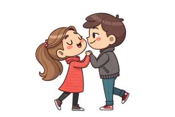 Cute shy couple with blushing faces, feeling first love and romantic emotions. Valentine’s Day cartoon illustration, isolated on transparent background.