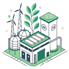 Futuristic green hydrogen plant with wind turbines and leafy plant on white background