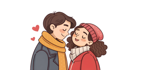 Cute shy couple with blushing faces, feeling first love and romantic emotions. Valentine’s Day cartoon illustration, isolated on transparent background.