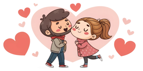 Cute shy couple with blushing faces, feeling first love and romantic emotions. Valentine’s Day cartoon illustration, isolated on transparent background.