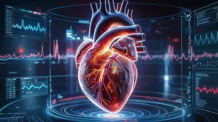 Futuristic heart hologram digital anatomy medical technology cardiology innovation glowing detail - Powered by Adobe