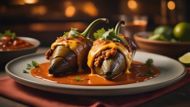 Delicious mexican chili rellenos served with a creamy cheese topping and vibrant sauce