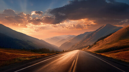 An open road winds through majestic mountains under a dramatic sky, illuminated by the warm hues of the setting sun