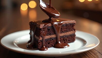Rich chocolate cake slice layered with cream filling gets warm fudge sauce poured over it. Moist dessert with cocoa, served on white plate with bokeh lights.