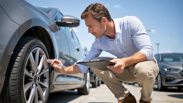 professional auto appraiser kneels beside a silver car in a busy used car lot, carefully inspecting the wheel and tire while taking notes