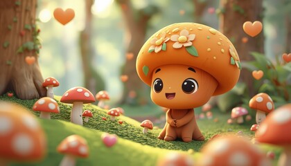 A delightful mushroom character in a whimsical forest filled with other fungi and floating hearts