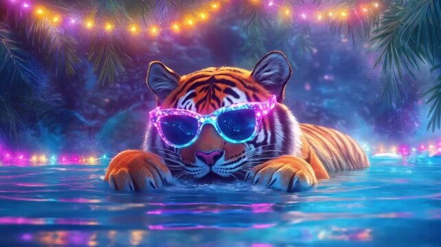 Vibrant tiger relaxing in tropical night pool with neon lights and sunglasses