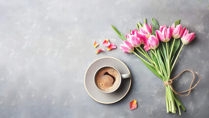 Cup of Coffee with Pink Tulips on Gray Background, Flat Lay