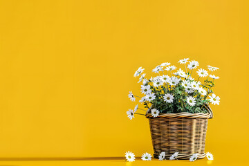 Basket of White Flowers on Yellow Background with Copy Space