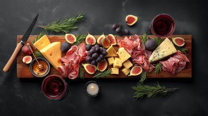 Charcuterie board with artisan cheese prosciutto figs grapes on wooden platter. Red wine glasses honey rosemary garnish. Elegant appetizer flat lay top view dark background gourmet presentation.