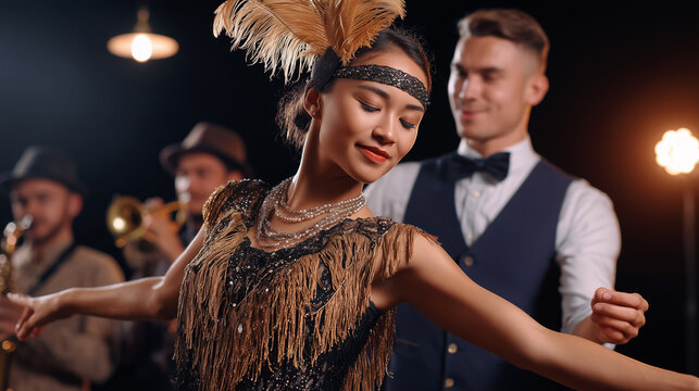 Woman dancing at 1920s vintage party in flapper dress with feathers and fringe. Couple at roaring twenties themed event with jazz band. Elegant retro celebration swing dance performance costume.
