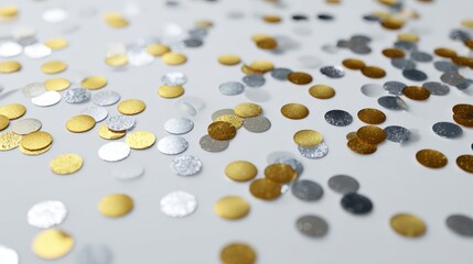 Scattered metallic confetti on white surface
