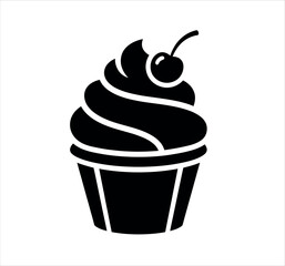 Black silhouette vector cupcake with cherry on top, sweet dessert graphic icon