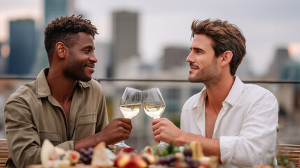Two men toasting with white wine on rooftop terrace with city skyline. Friends celebrating together enjoying drinks and food at outdoor party. Happy couple bonding over romantic dinner with view.