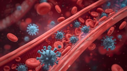 3D illustration of red blood cells and spiky virus bacteria flowing in vein