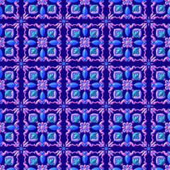 Seamless blue and purple floral geometric pattern with repeating square tiles and symmetrical ornament details. Elegant decorative background ideal for wallpapers, textiles, wrapping paper.
