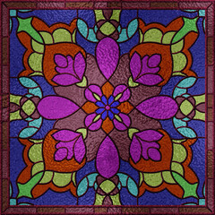 Colorful stained glass style floral mandala with symmetrical geometric petals and mosaic texture. Vibrant decorative pattern ideal for backgrounds, wallpapers, textiles, and spiritual or artistic.