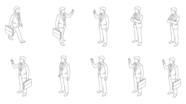Set of black and white isometric line art vector illustrations featuring a businessman character in various poses, including walking and standing with a briefcase and hat, ideal for architectural desi