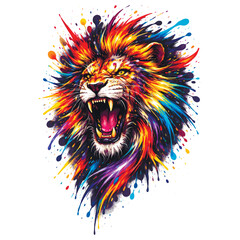 A dynamic, roaring lion head with an explosion of vibrant, neon colored paint splatters and brushstrokes forming its mane. The fierce expression and intense colors convey power and untamed energy. © Elmar