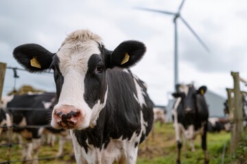 Close-Up of Black and White Cow with Wind Turbine in Background