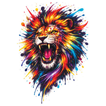 A dynamic, roaring lion head with an explosion of vibrant, neon colored paint splatters and brushstrokes forming its mane. The fierce expression and intense colors convey power and untamed energy.