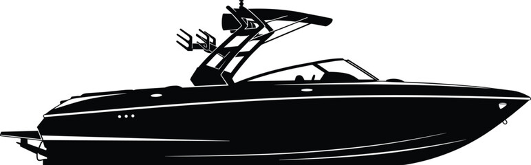Luxury speedboat silhouette vector illustration, modern motor yacht design, black marine watercraft icon, sleek nautical transport artwork