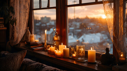 Soft glow of candles by the window during a winter sunset