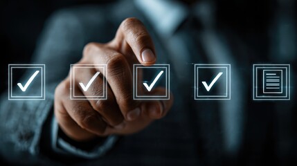 Businessman validating digital documents on futuristic interface, using checkmark icons for quality assurance and compliance review, completing document verification