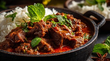 Fototapeta premium Rich and Flavorful Spicy Beef Stew Served with Fresh Mint Leaves and Fragrant Rice in Traditional Bowl, Perfect for Culinary and Food Photography Projects