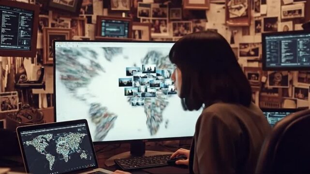 Asian woman at desk, multiple screens displaying world map made of photos. Represents connection, global network, information, surveillance, and intricate data