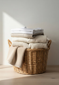 Woven laundry basket with neatly folded neutral clothes on light wooden floor