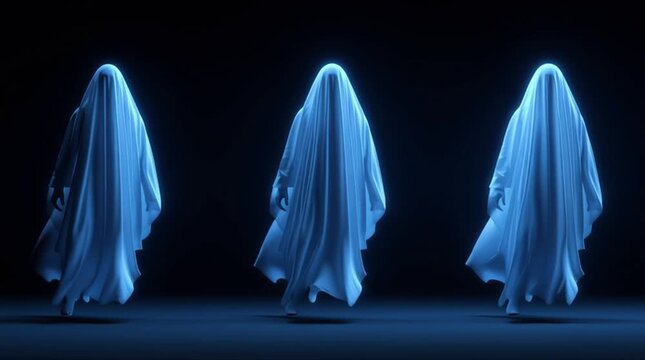3D rendered animation of a ghost moving from left to right on dark background 4k video