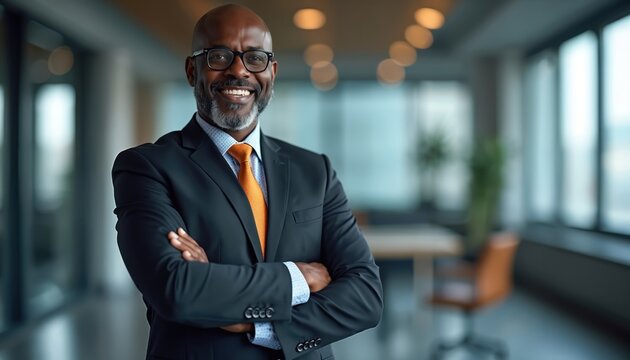 Smiling African American businessman in formal suit poses with crossed arms in office. Mature confident CEO with eyeglasses and grey hair looks at camera.