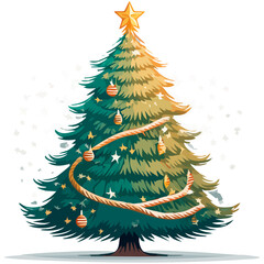 Christmas tree vector illustration with green pine, star, ornaments, gifts, and holiday decor on a white winter background
